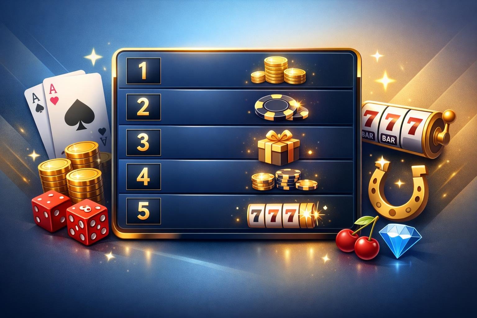A Digital Leaderboard Displaying Top Five Casino Bonus Icons Surrounded By Playing Cards, Dice, And Slot Machine Symbols.
