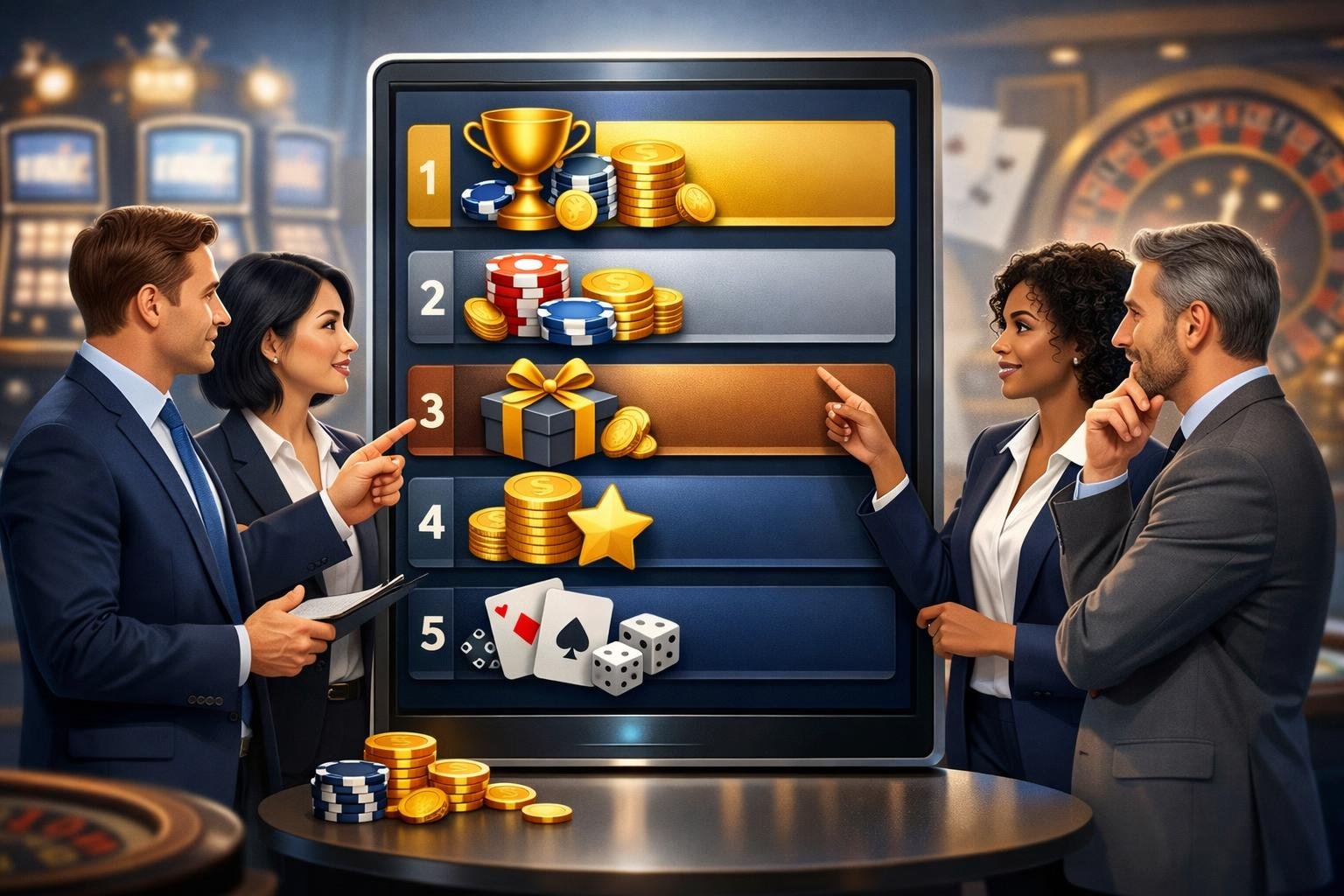 A Group Of Professionals Examining A Digital Leaderboard Displaying Casino Bonus Icons In A Modern Casino Environment.