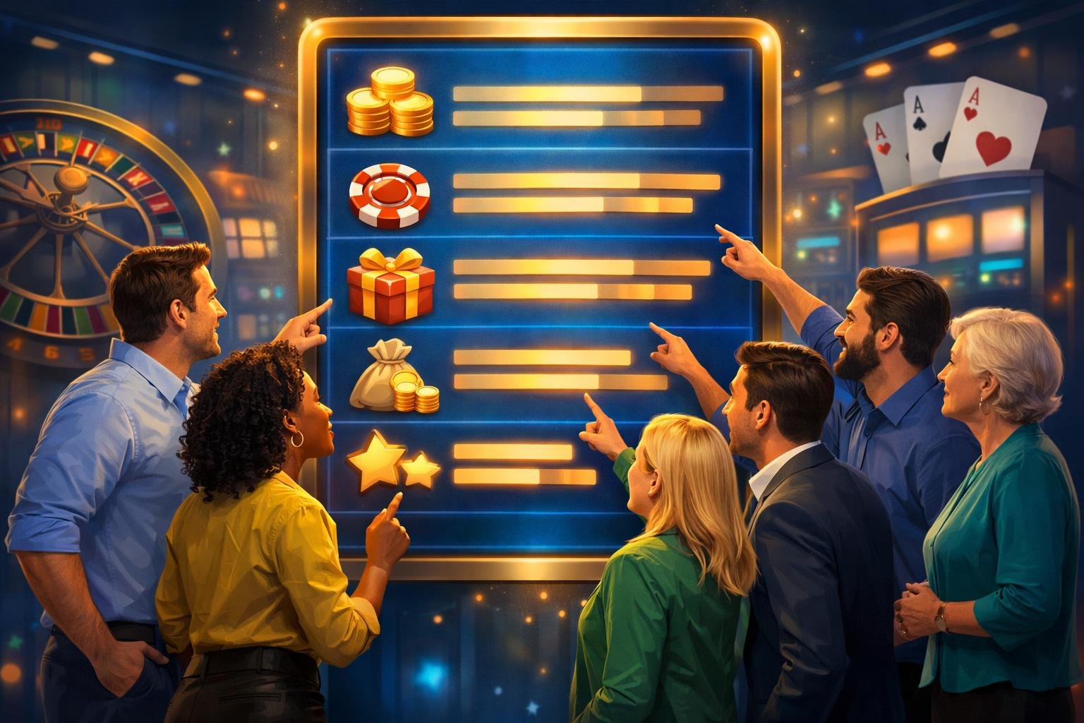 A Group Of Diverse Adults Gathered Around A Glowing Digital Leaderboard Displaying Casino Bonus Icons, Surrounded By Subtle Casino Elements.