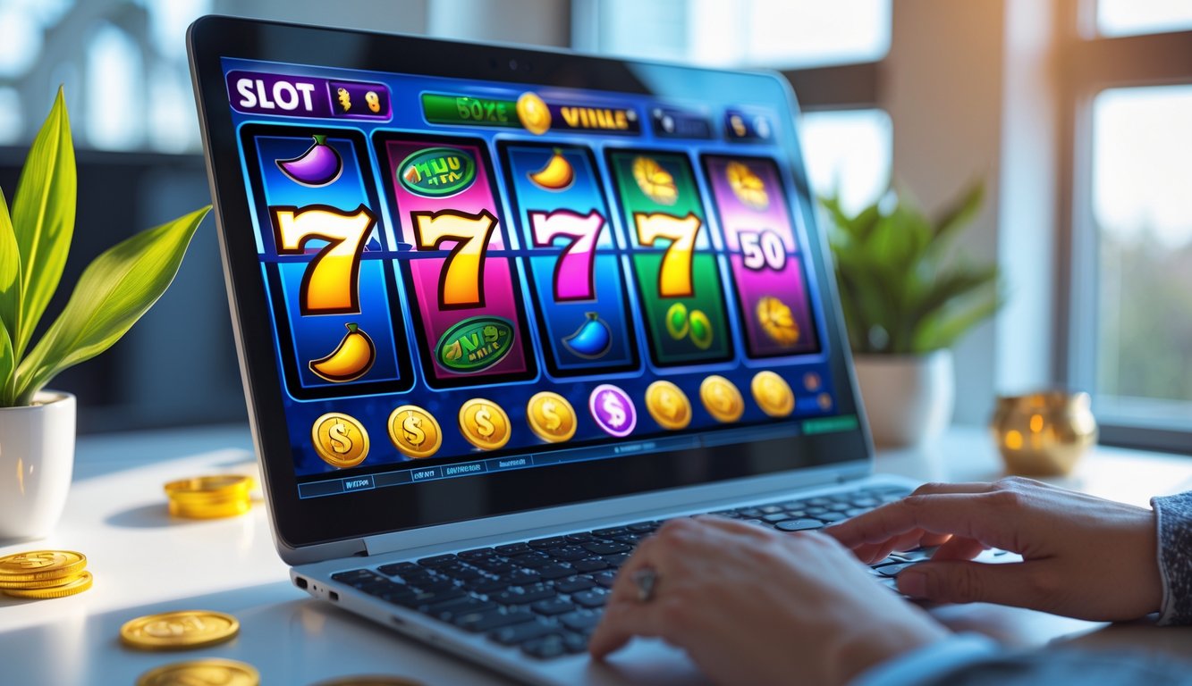 Seseorang bermain permainan slot online di komputer dengan tampilan grafis warna-warni dan suasana yang cerah dan profesional.
