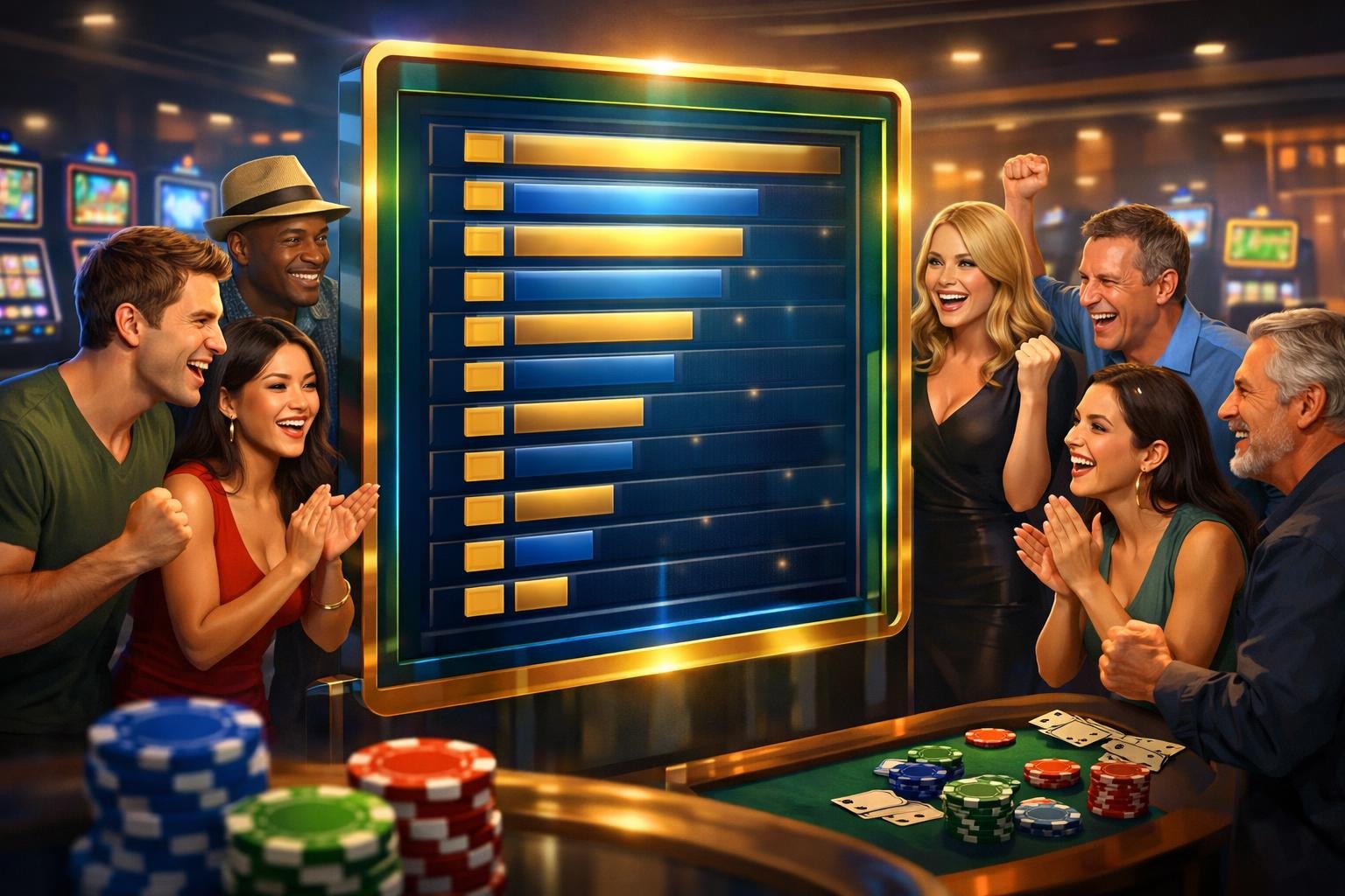A Group Of Diverse Casino Players Gathered Around A Glowing Digital Leaderboard In A Modern Casino Setting, Looking Excited And Engaged.