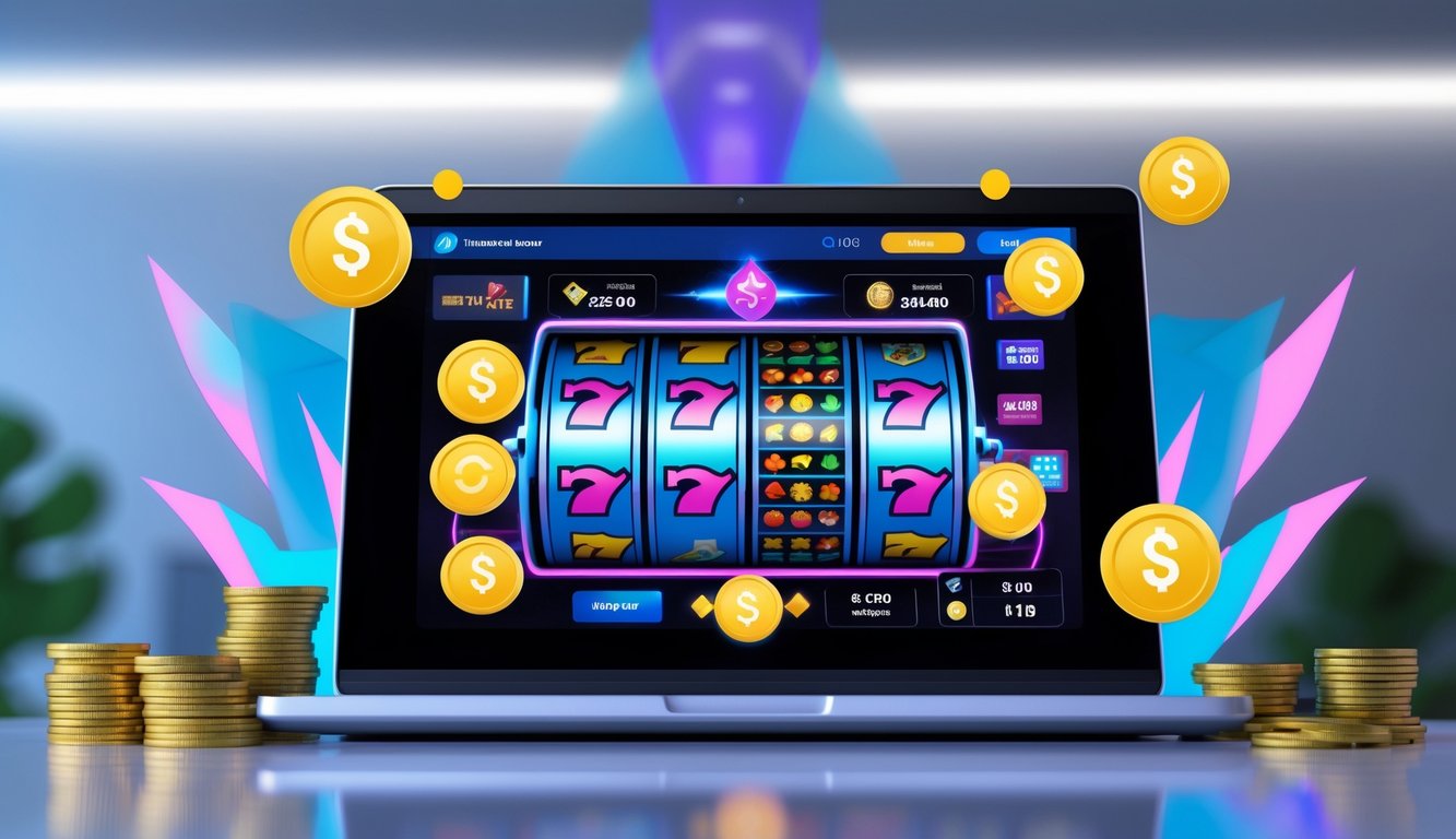 Layar komputer menampilkan permainan mesin slot online dengan simbol koin dan ikon keamanan di latar belakang.