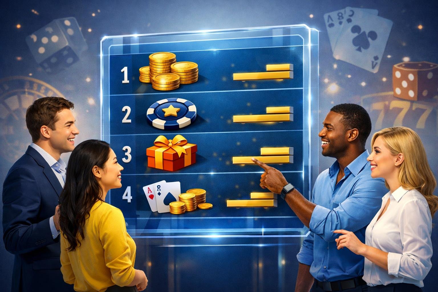 People Examining A Digital Leaderboard Showing Casino Bonus Icons With Playing Cards And Dice In The Background.