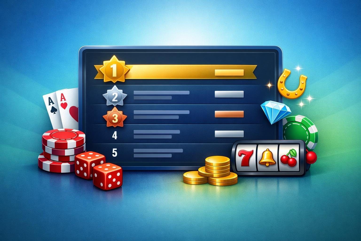 A Digital Dashboard Showing A Ranked List Of Top Casino Bonuses Surrounded By Poker Chips, Playing Cards, And Slot Machine Icons.