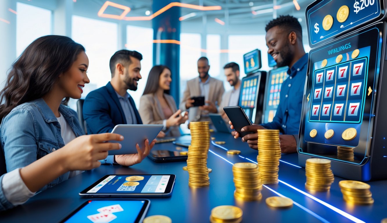 Orang-orang menggunakan perangkat digital untuk bermain slot online dengan suasana nyaman dan modern.