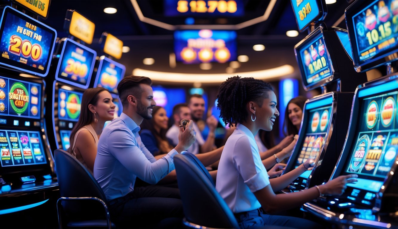 Orang-orang bermain mesin slot digital di ruang permainan modern dengan suasana ceria dan teknologi tinggi.