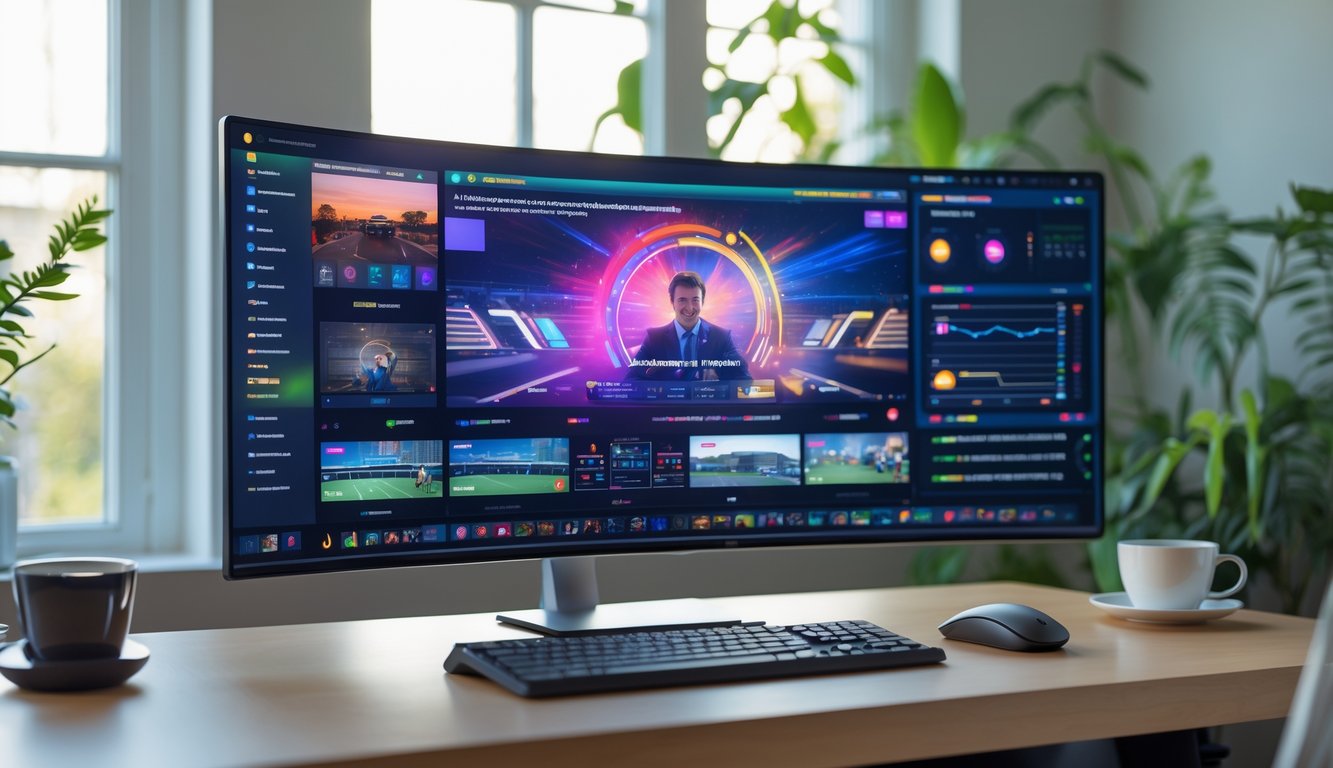 Suasana ruang kerja modern dengan monitor besar menampilkan tayangan langsung dengan beberapa video dan data waktu nyata.