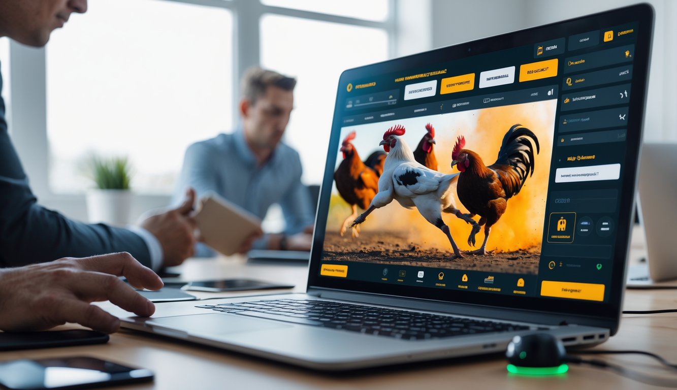 Seorang pria menggunakan laptop yang menampilkan pertandingan sabung ayam secara langsung dengan antarmuka situs online terpercaya.