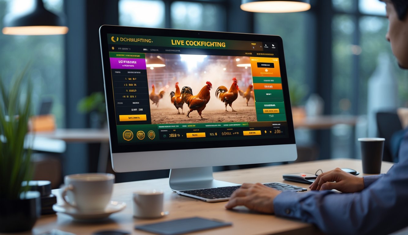 Seorang pengguna sedang melihat siaran langsung sabung ayam di layar komputer dengan suasana kerja yang rapi dan profesional.