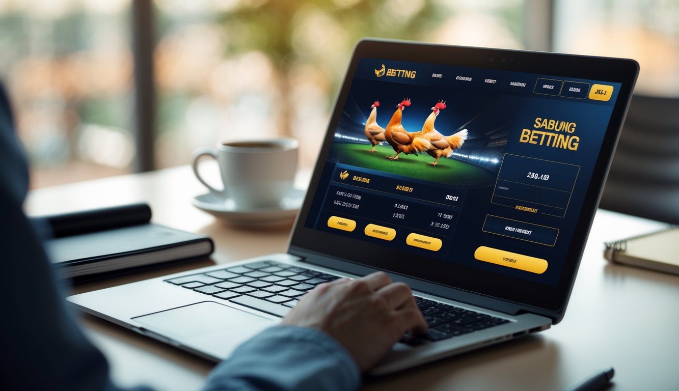 Seorang pengguna sedang melihat layar perangkat digital yang menampilkan situs taruhan sabung ayam dengan antarmuka modern di atas meja kerja yang rapi.