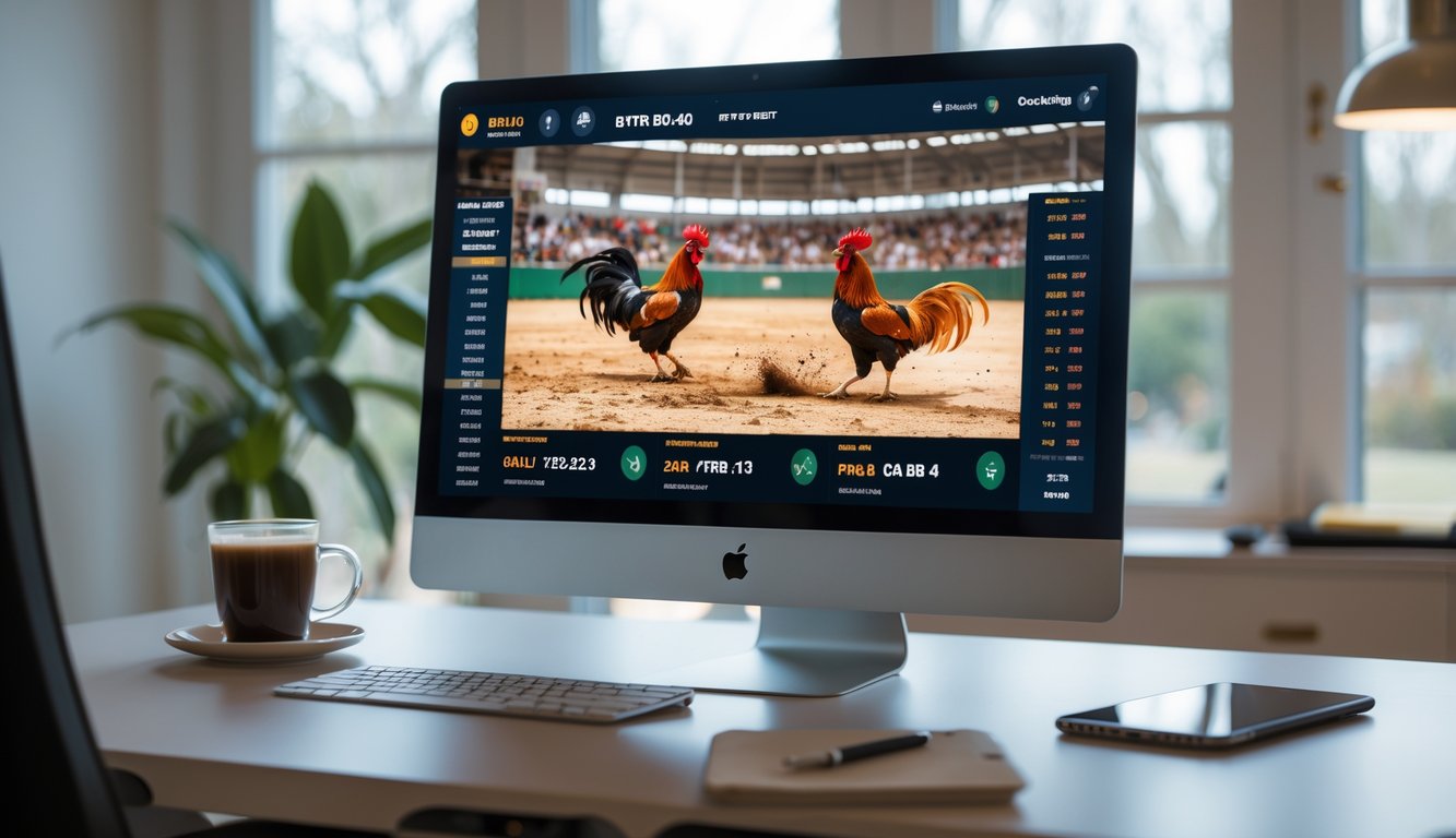 Layar komputer menampilkan siaran langsung sabung ayam dengan beberapa ayam jago sedang bertarung dan tampilan pasar taruhan di ruang kerja rumah.