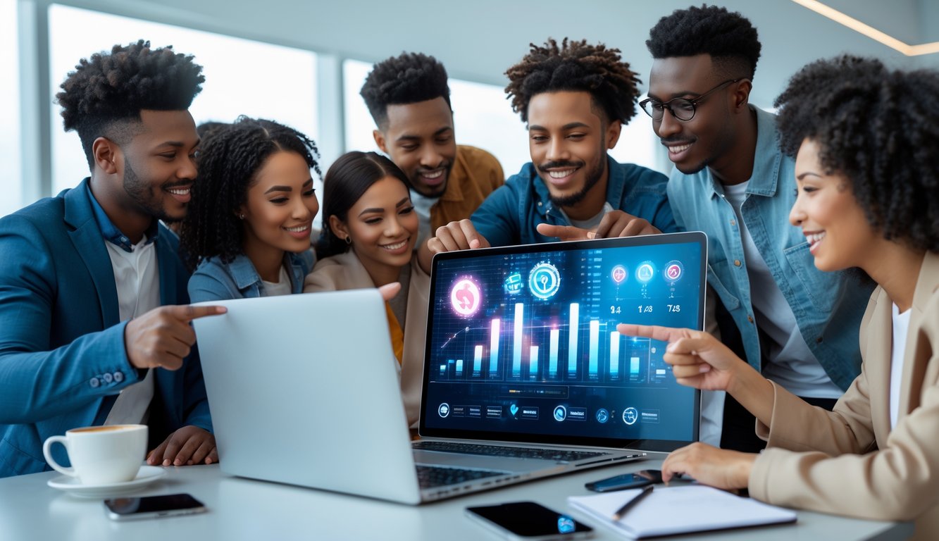 Sekelompok orang muda sedang berdiskusi di sekitar laptop di kantor modern yang terang.
