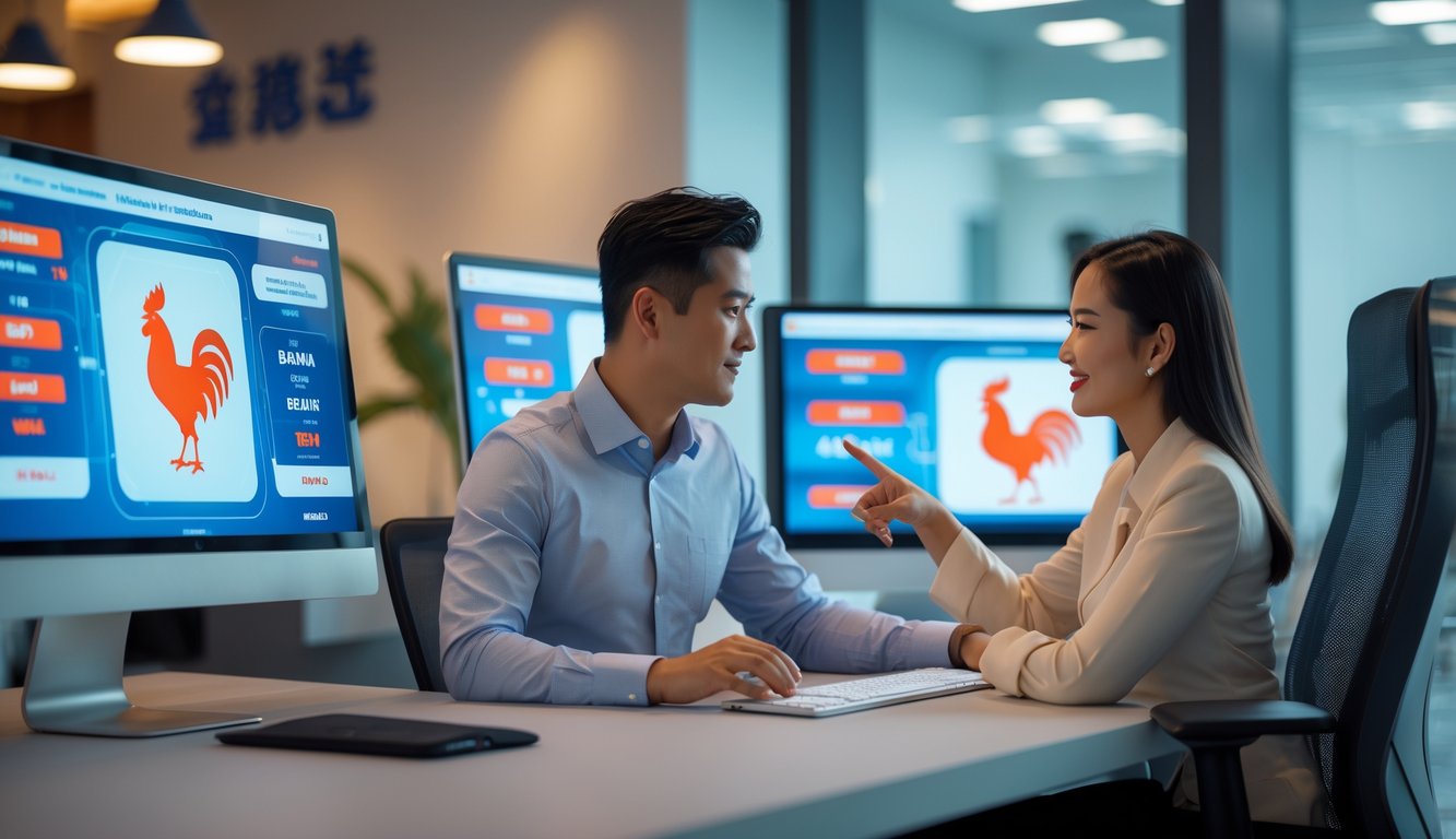 Seorang pria dan wanita duduk di meja dengan beberapa layar komputer menampilkan gambar ayam jago dan antarmuka taruhan digital, terlihat sedang berdiskusi di ruang kantor yang terang.