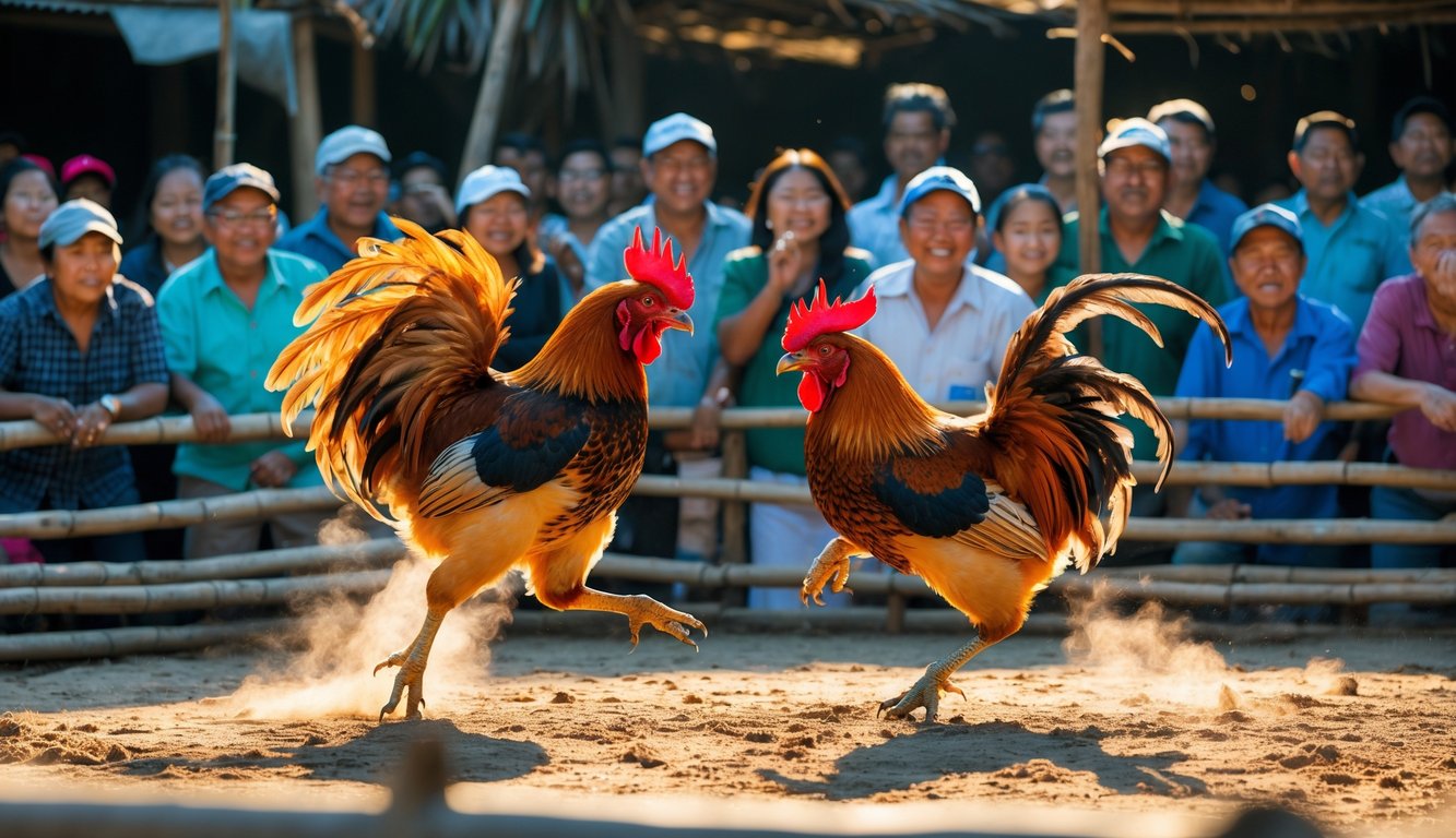 Dua ayam jantan bertarung di arena sabung ayam dengan penonton yang antusias mengelilingi mereka di luar ruangan.