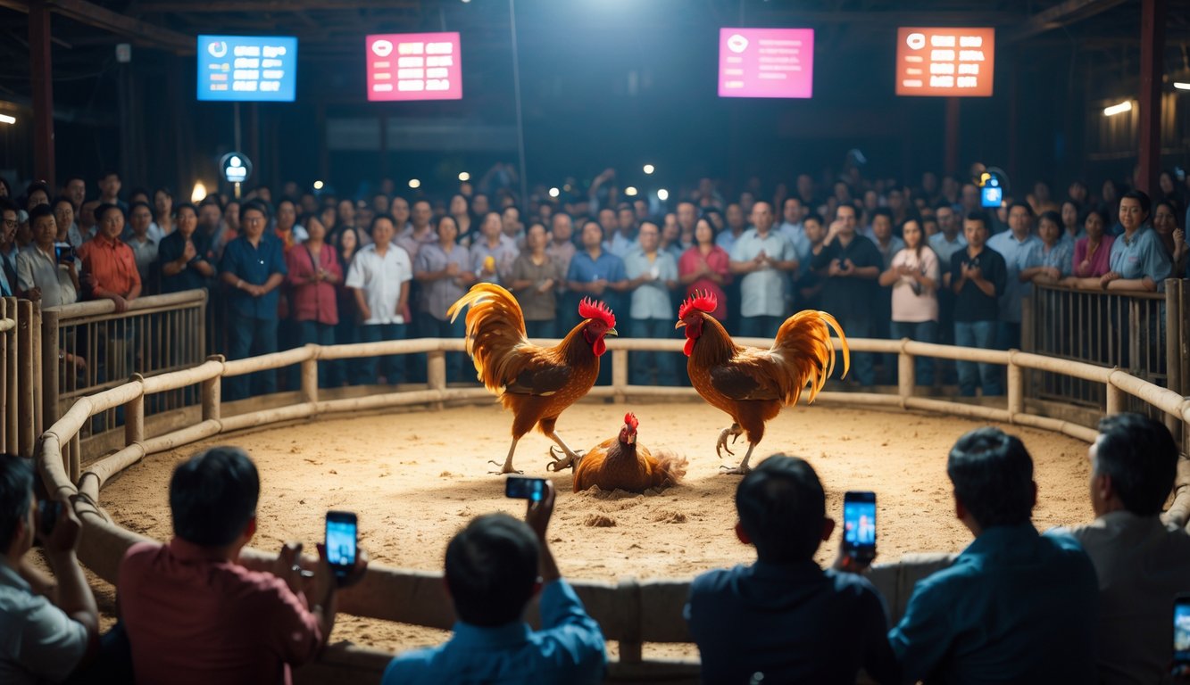 Suasana pertandingan sabung ayam dengan dua ayam bertarung di arena dikelilingi penonton yang antusias.
