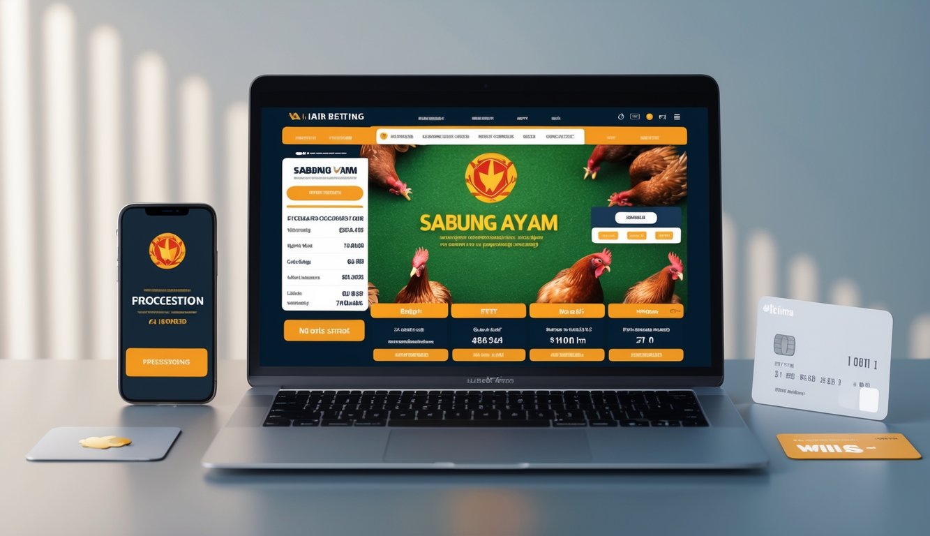 Seorang pria menggunakan laptop di meja kerja dengan tampilan situs sabung ayam online di layar, dikelilingi oleh ponsel dan kartu kredit.