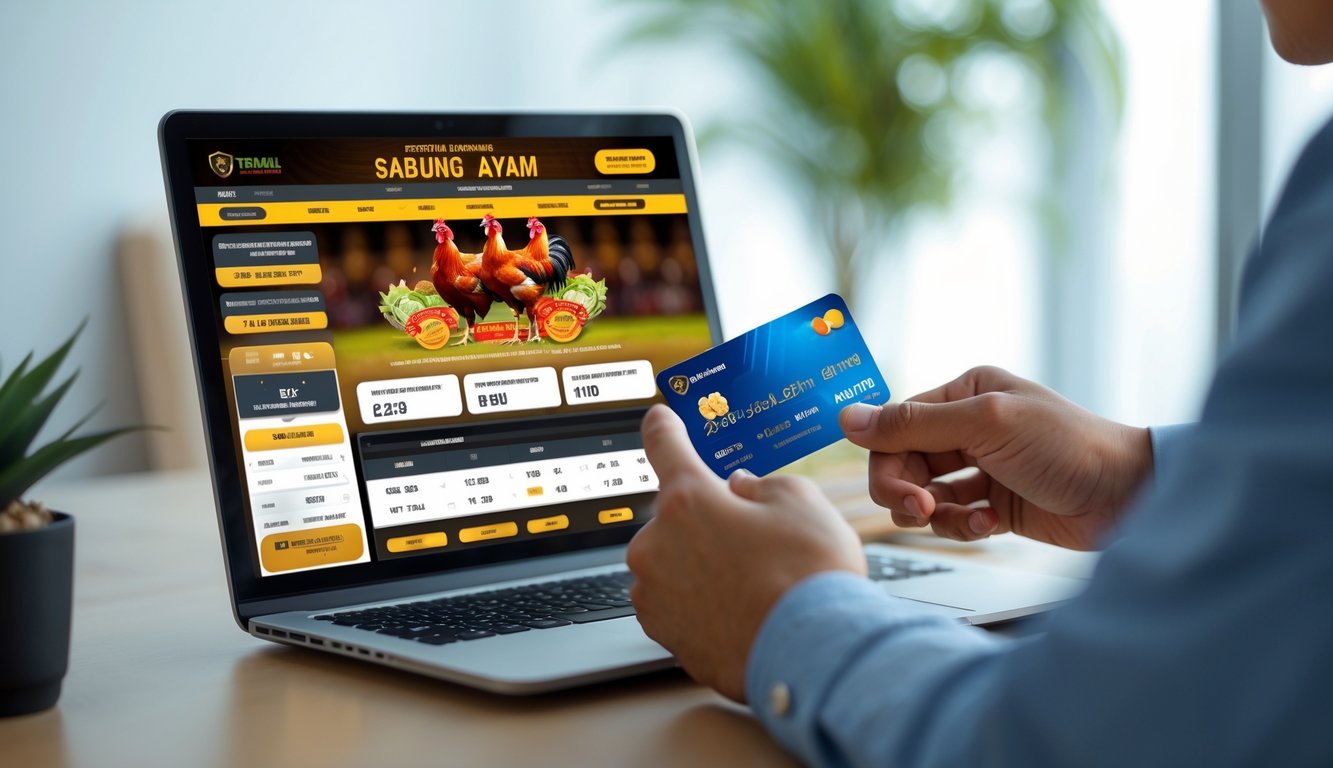 Seseorang menggunakan laptop atau ponsel untuk melakukan deposit cepat pada situs sabung ayam online di lingkungan yang bersih dan profesional.