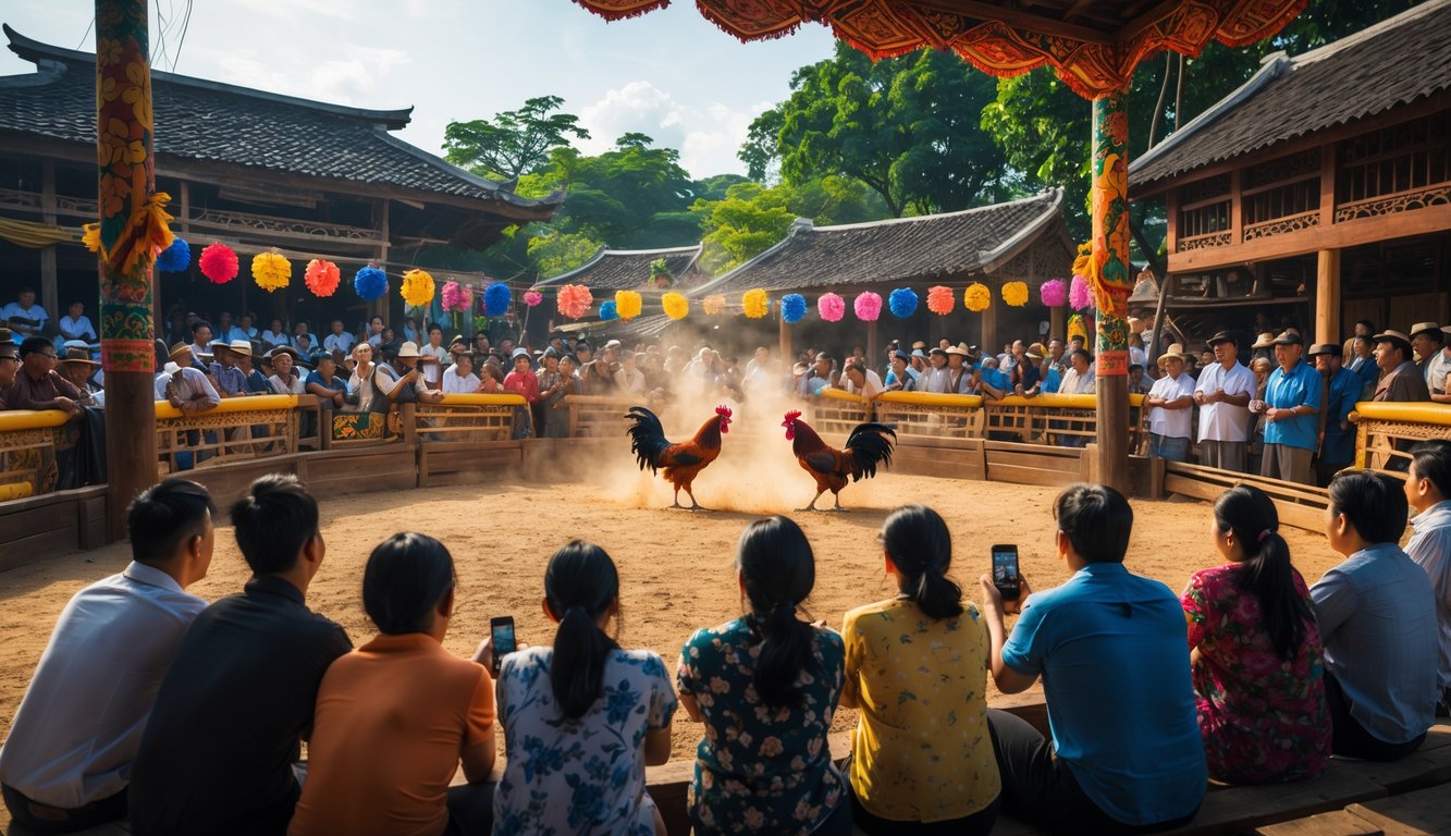 Suasana arena sabung ayam tradisional dengan dua ayam bertarung di tengah dan penonton yang antusias mengamati dari sekeliling.
