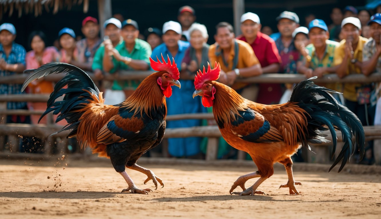 Dua ayam jago sedang bertarung di arena terbuka dengan penonton yang antusias mengelilingi.