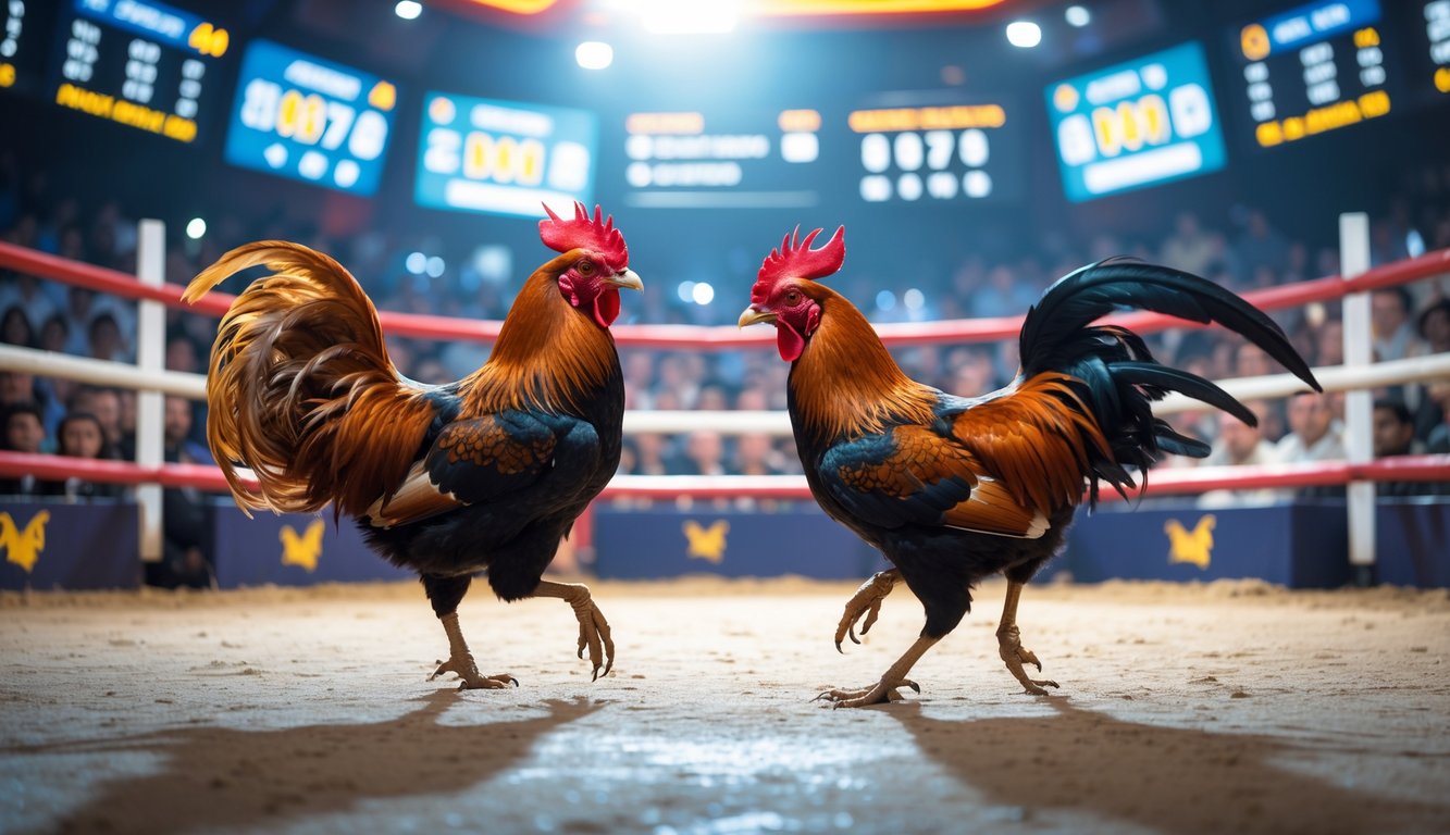 Dua ayam jago sedang bertarung di arena dengan penonton di latar belakang dan layar digital menampilkan taruhan langsung.