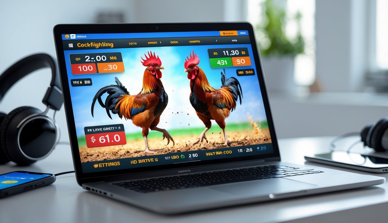 Seorang pria menggunakan laptop untuk menonton dan memasang taruhan sabung ayam secara online dengan tampilan pertandingan langsung di layar.