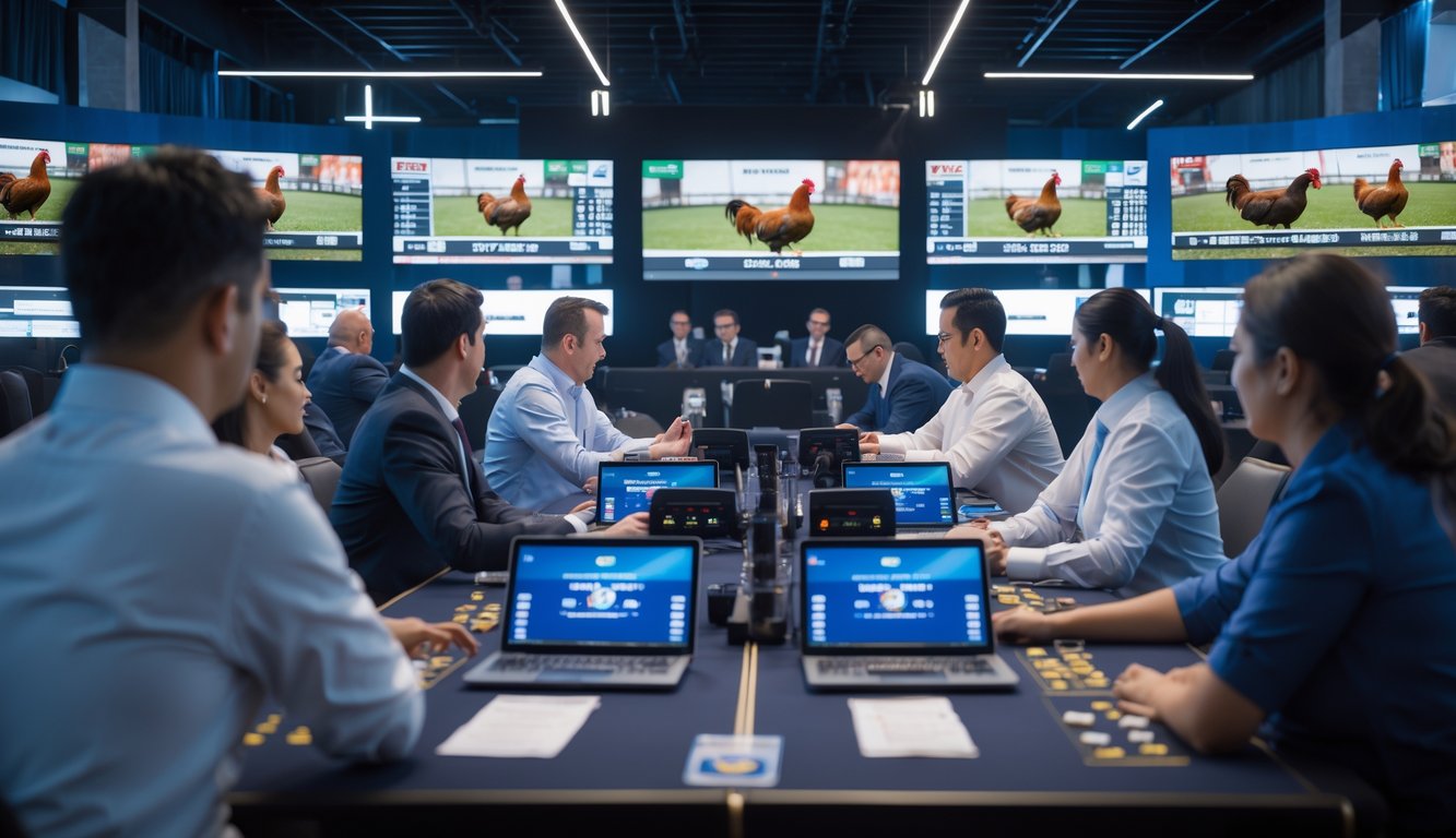 Sekelompok orang yang sedang mengikuti acara sabung ayam dengan sistem permainan adil dan siaran langsung tanpa gangguan.