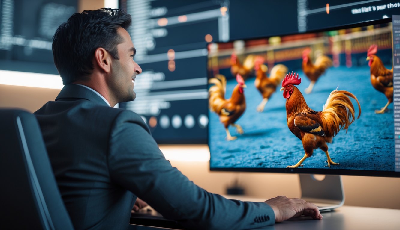 Seorang pria menonton acara sabung ayam secara langsung di depan komputer di ruangan yang rapi dan terang.