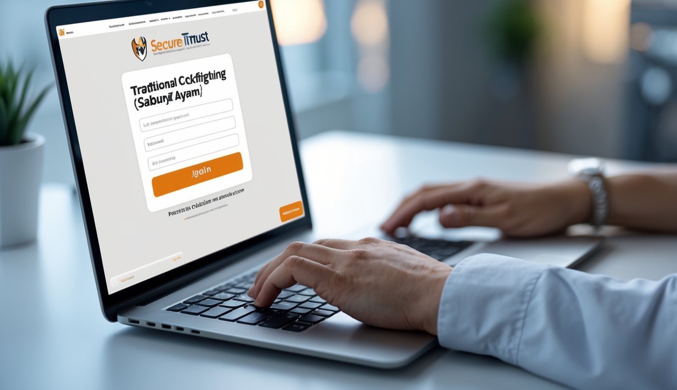 Tangan seseorang sedang mengetik di laptop dengan layar menampilkan halaman login situs online sabung ayam, di meja kerja yang rapi.