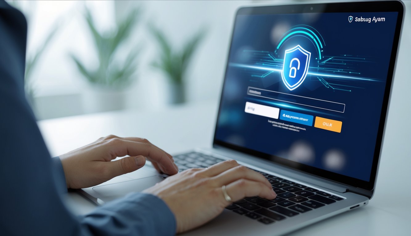 Seseorang sedang mengetik di laptop dengan tampilan halaman login di layar dalam ruang kerja yang bersih dan terang.