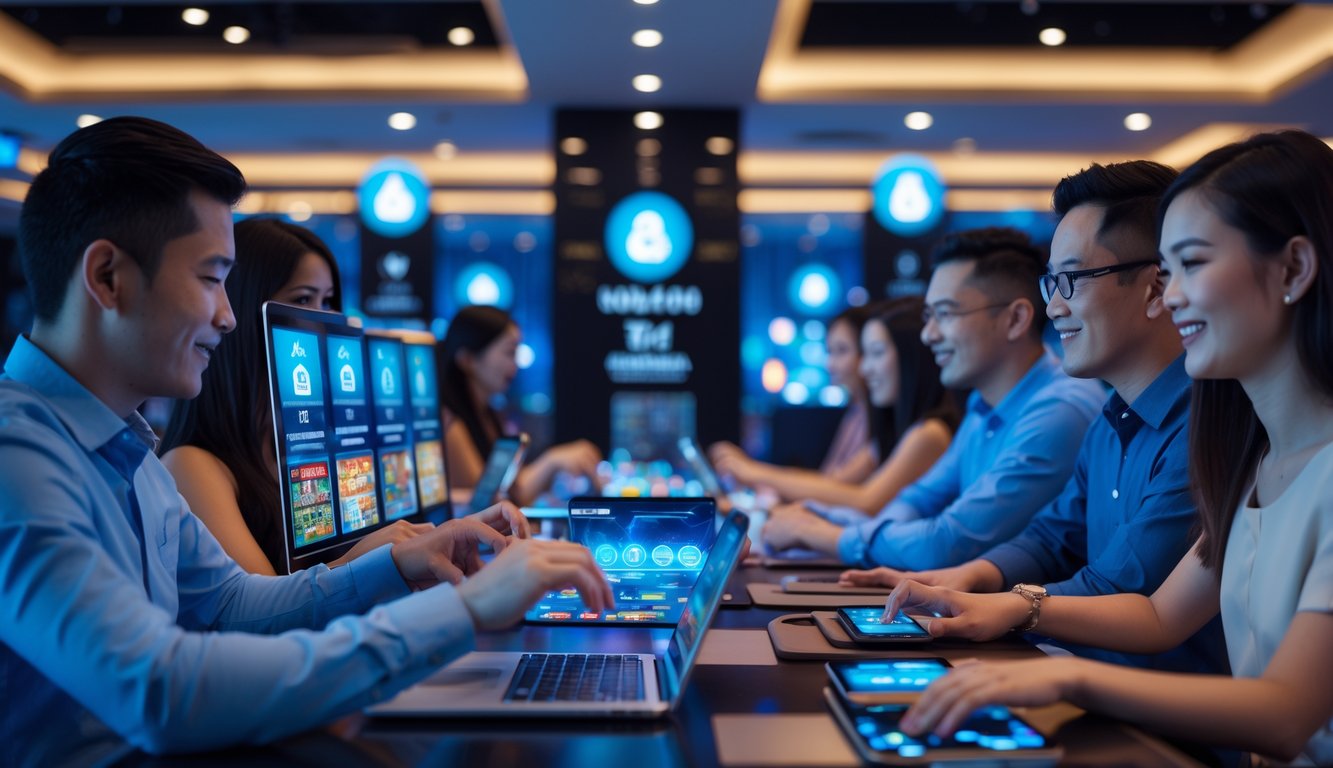 Sekelompok orang menggunakan perangkat digital untuk bermain kasino online dengan suasana yang modern dan cerah, menampilkan pengalaman transaksi bank yang aman dan layanan 24 jam.