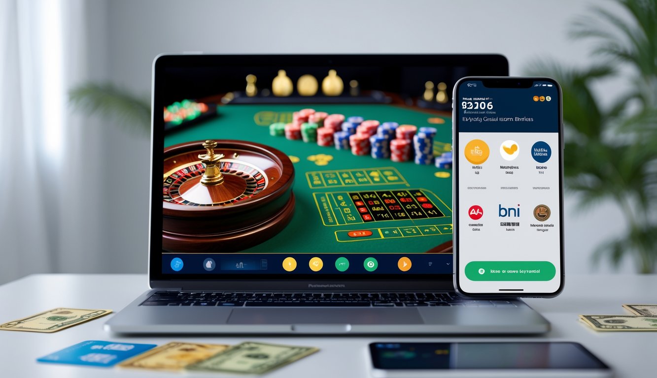 Sebuah meja kerja modern dengan laptop menampilkan permainan kasino langsung dan ponsel yang menunjukkan aplikasi perbankan dengan logo bank lokal Indonesia.