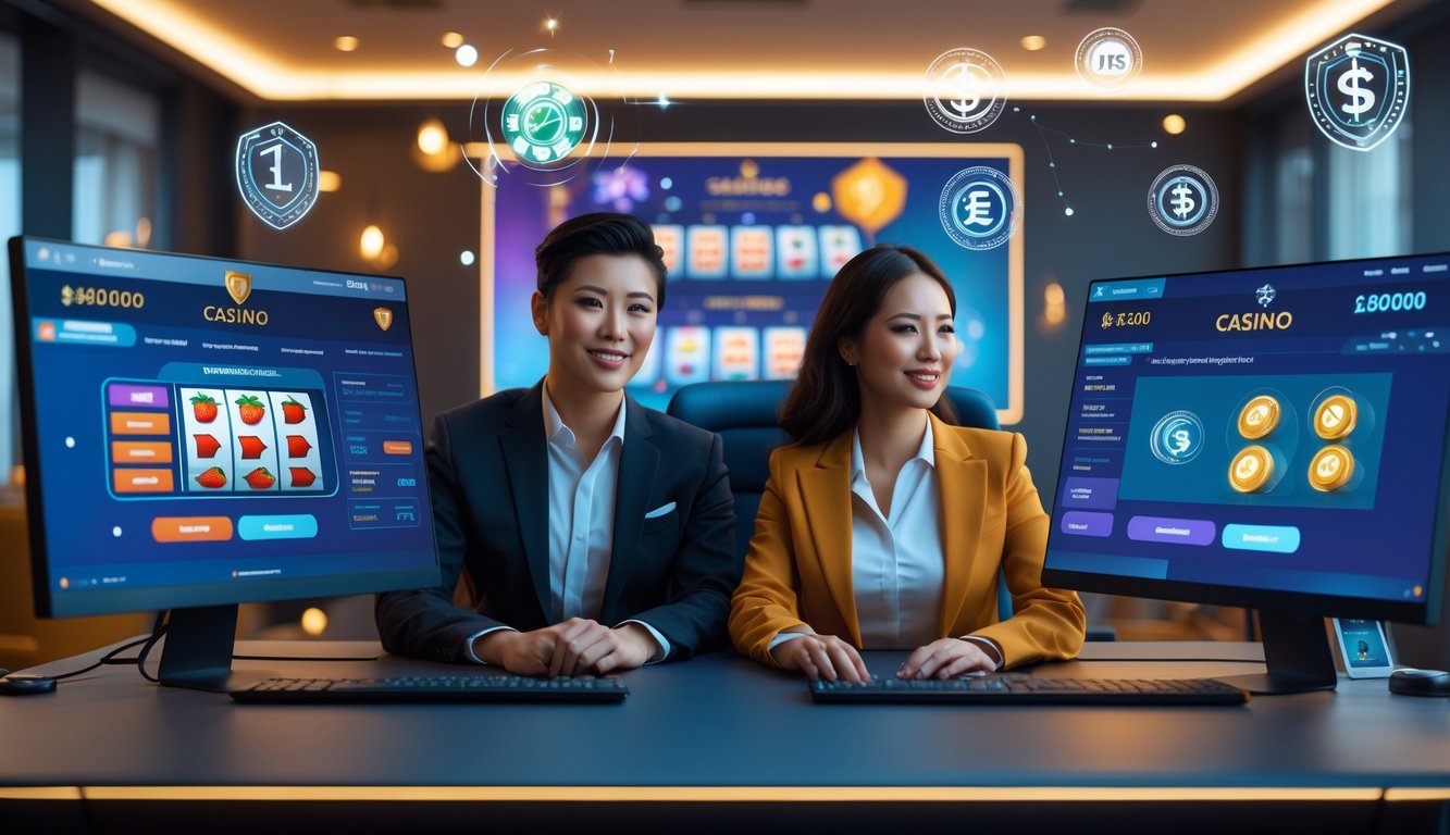 Seorang pria dan wanita duduk di meja kantor modern dengan komputer yang menampilkan permainan kasino dan transaksi perbankan.