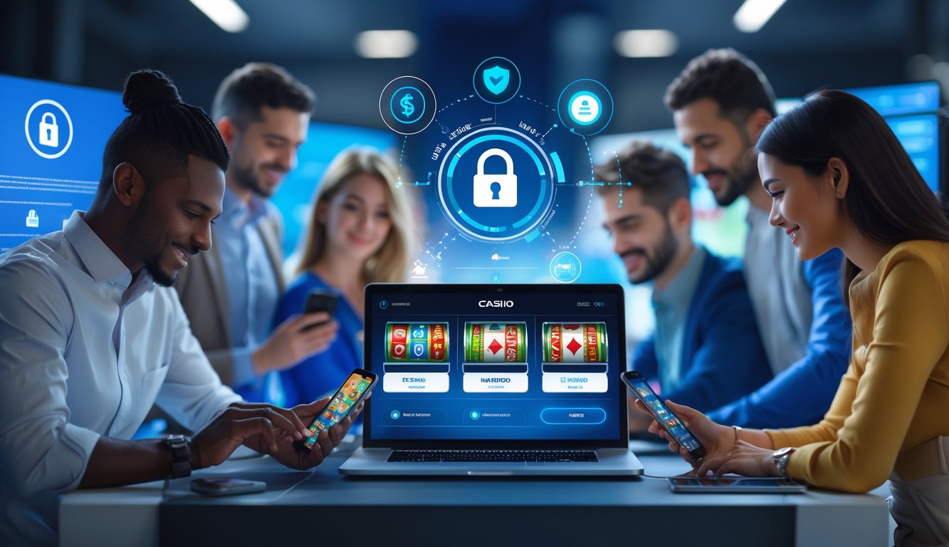 Orang-orang menggunakan perangkat digital untuk bermain kasino online dengan simbol perbankan yang menunjukkan transaksi cepat dan aman.