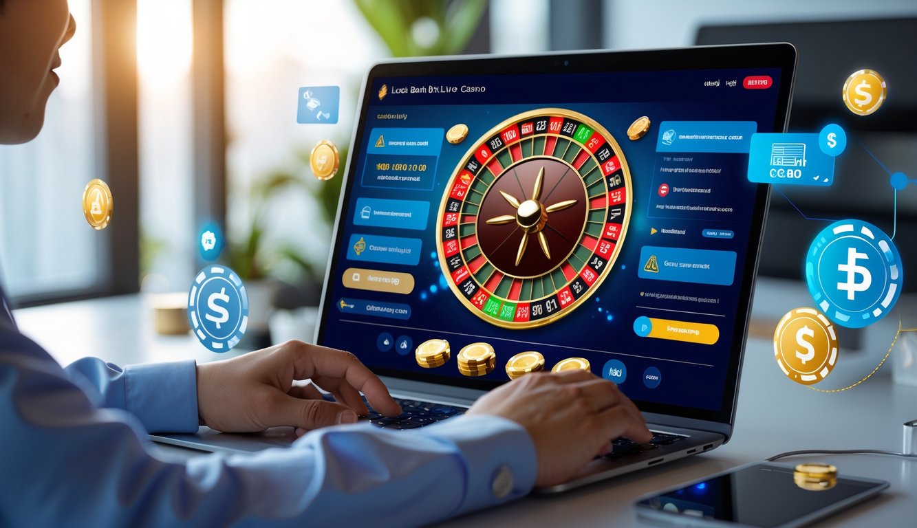 Orang Indonesia menggunakan komputer dengan tampilan permainan kasino langsung dan simbol bank lokal yang aman.