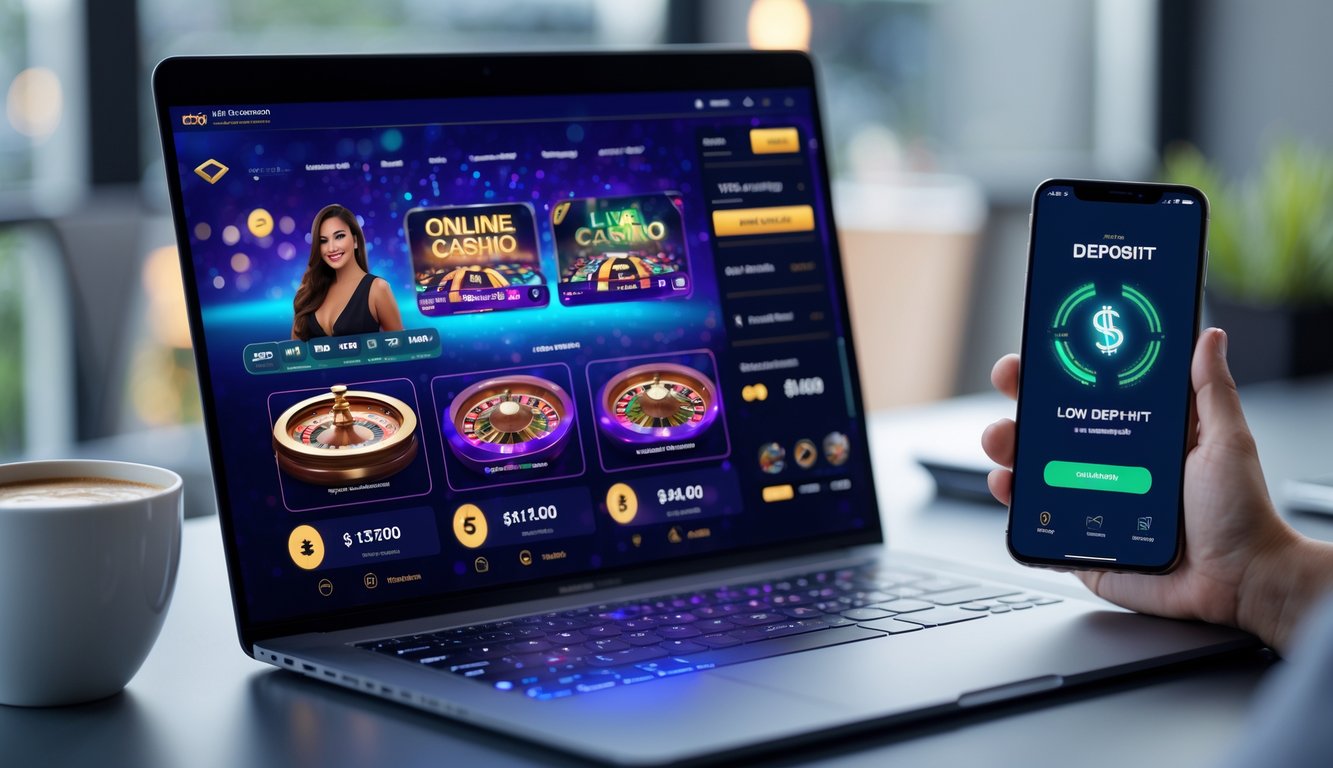 Seseorang menggunakan laptop dan ponsel di meja kerja modern dengan tampilan permainan kasino online dan aplikasi perbankan lokal yang menunjukkan kemudahan deposit rendah.