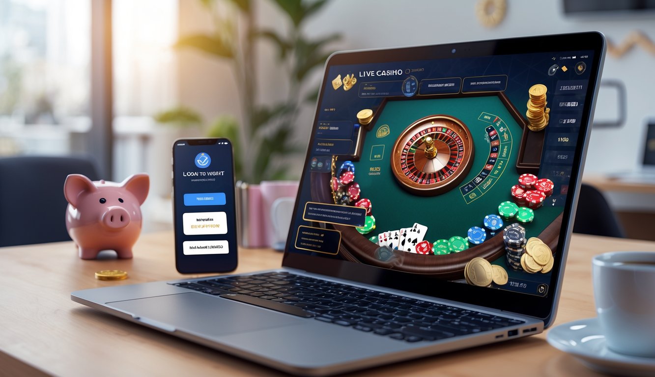 Seorang pengguna sedang bermain live casino online di komputer dengan tampilan aplikasi bank lokal di ponsel di meja kerja yang rapi.