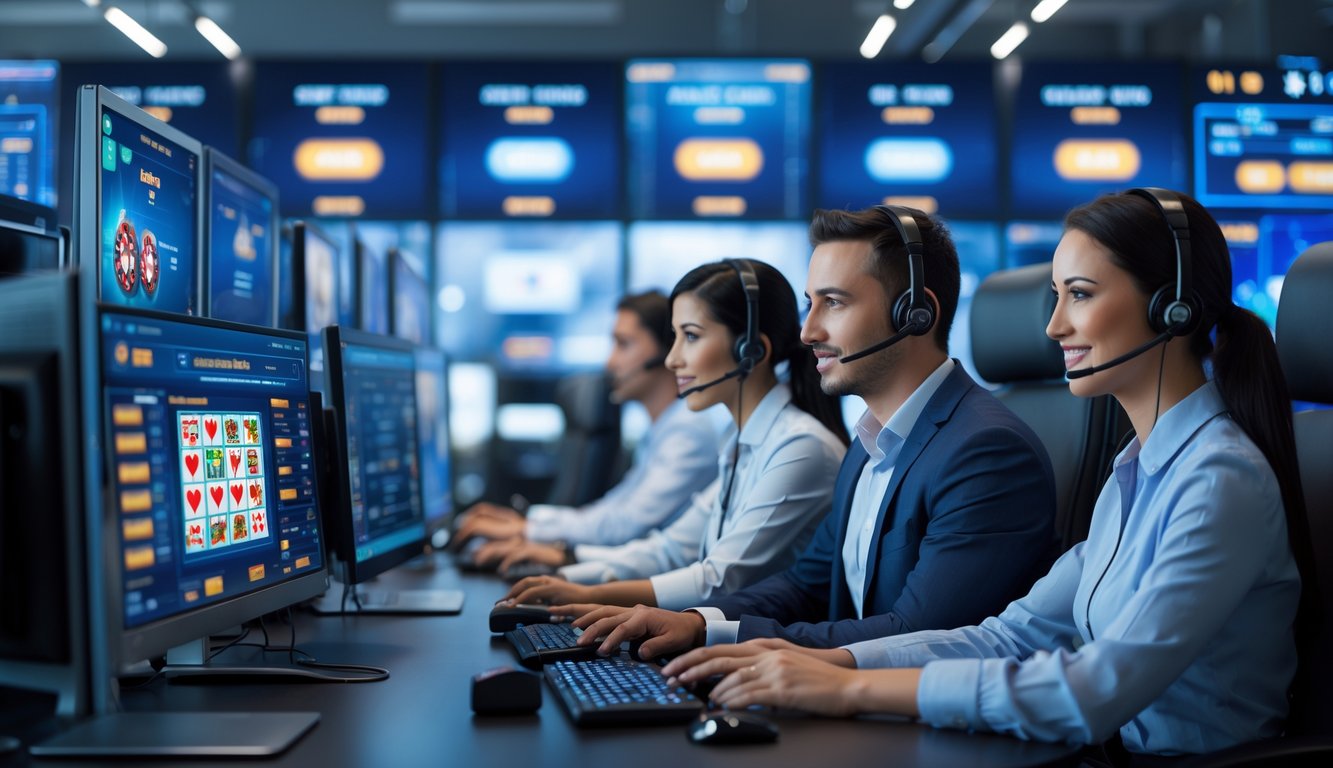 Suasana pusat layanan kasino online dengan staf customer service yang ramah di ruang kantor modern yang terang dan dilengkapi komputer.