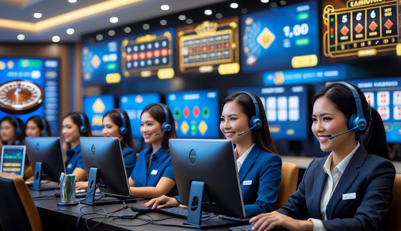 Suasana kasino langsung online dengan staf layanan pelanggan yang ramah dan layar permainan kasino yang aktif.