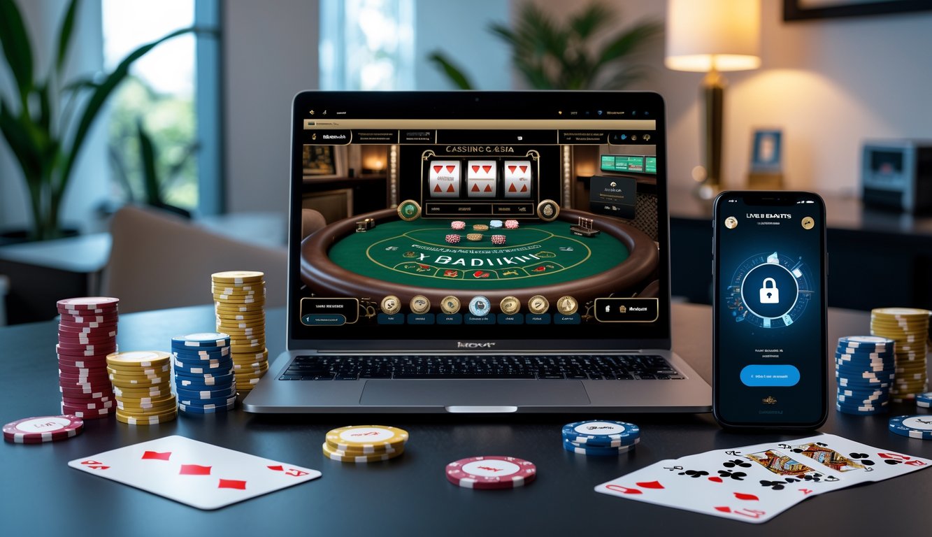 Seorang pemain menggunakan laptop dan smartphone di meja dengan chip kasino dan kartu remi, menunjukkan permainan kasino online dengan suasana aman dan profesional.