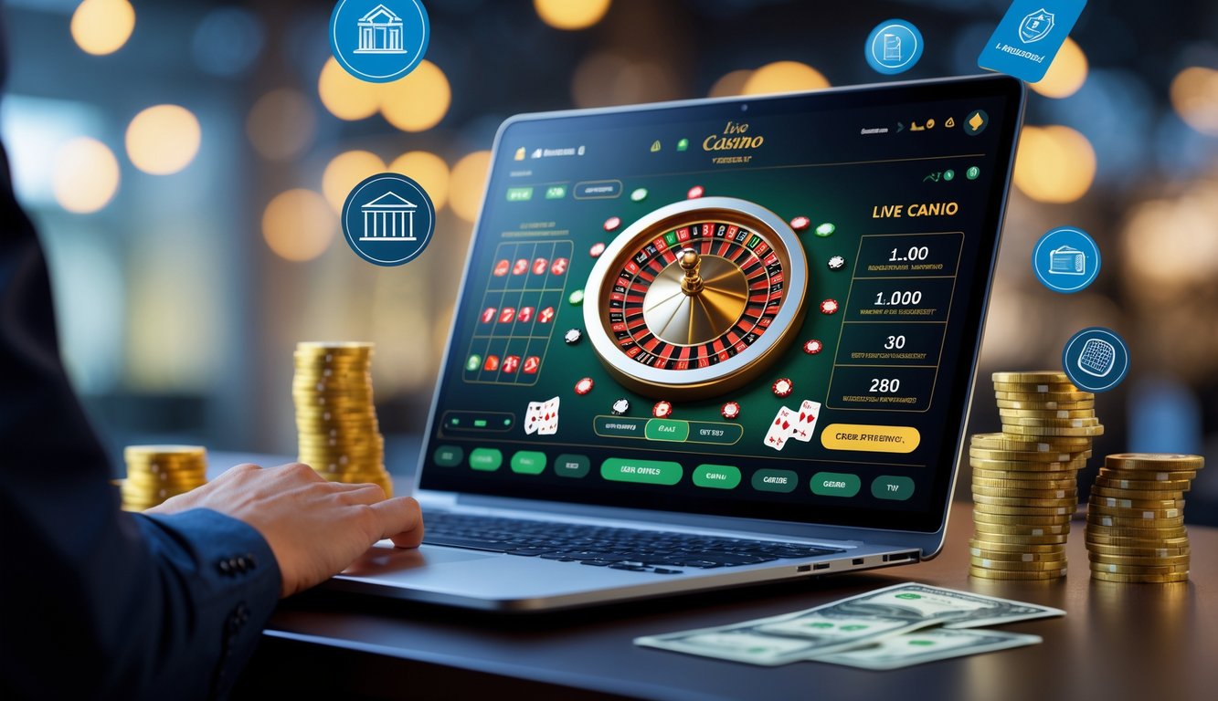 Suasana permainan kasino online langsung dengan layar komputer menampilkan permainan kasino dan simbol perbankan lokal yang aman.