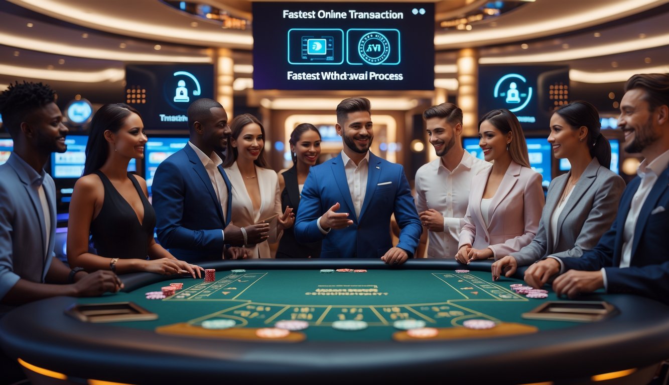 Suasana kasino langsung modern dengan pemain dan dealer di meja permainan, menampilkan proses transaksi cepat dan aman.