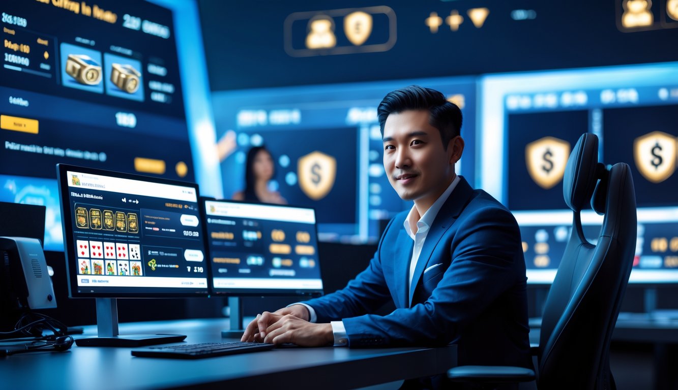 Seorang pria Asia duduk di depan beberapa monitor komputer yang menampilkan permainan kasino langsung dan transaksi perbankan secara real-time.