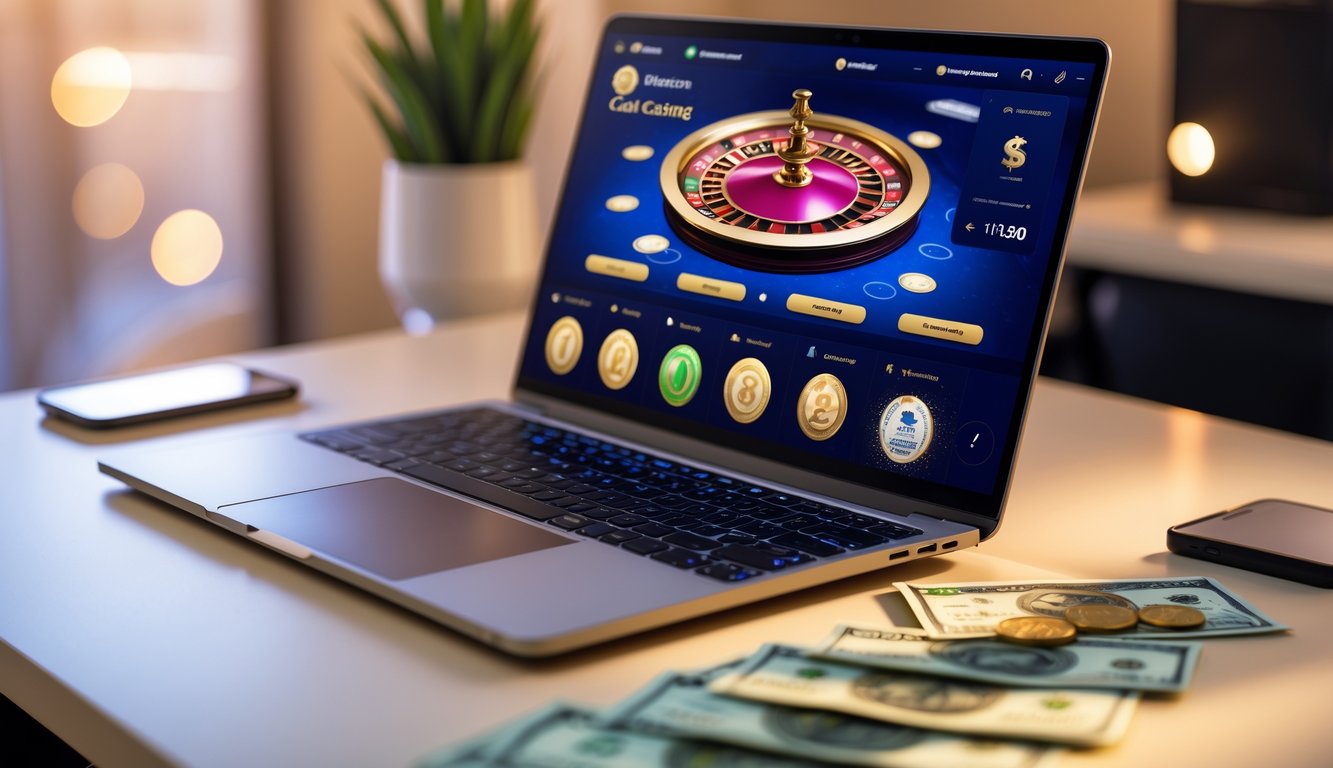 Seorang pengguna sedang bermain permainan kasino langsung di komputer dengan elemen perbankan lokal di meja.