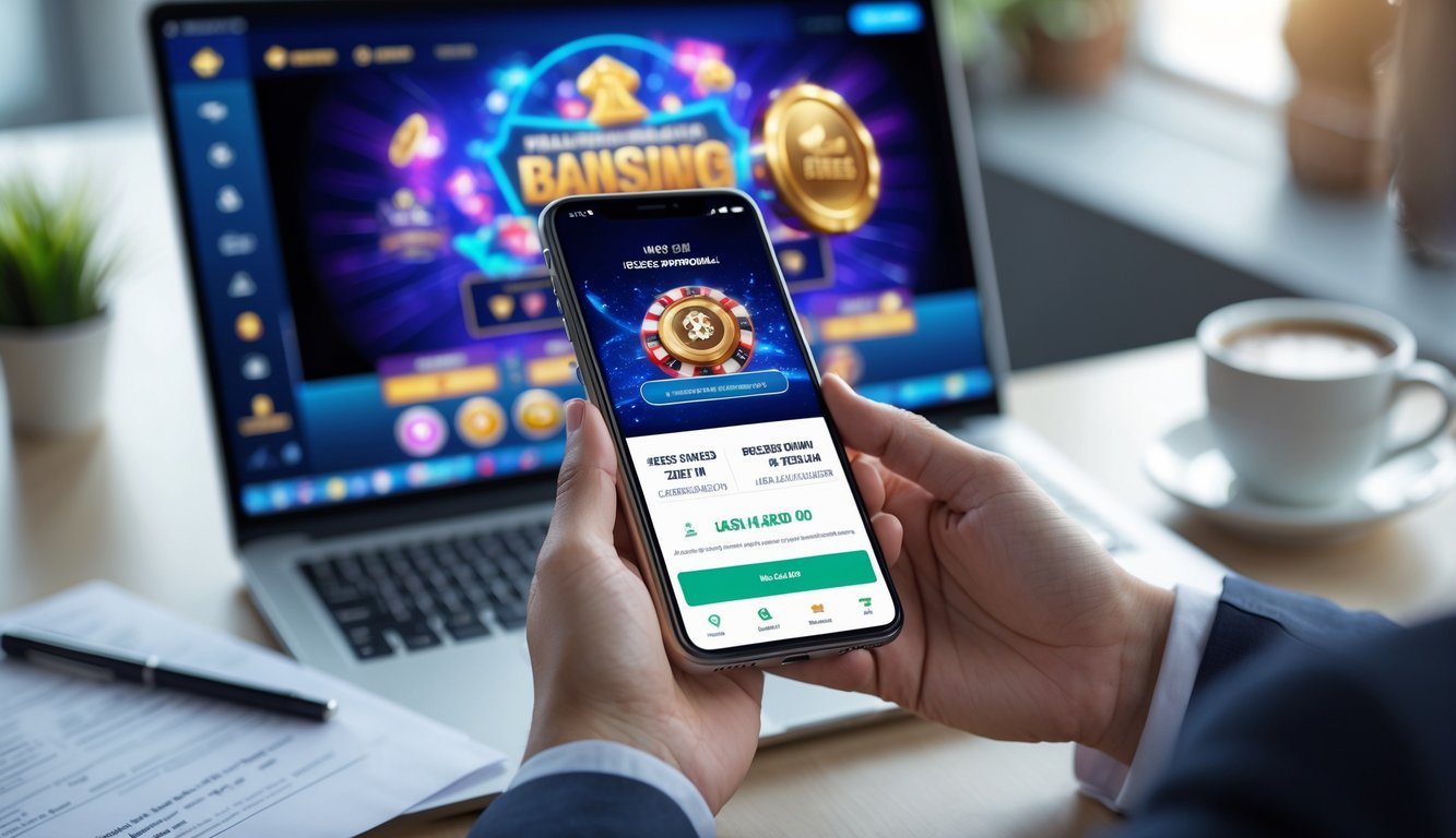 Seseorang memegang ponsel dengan aplikasi perbankan yang menampilkan konfirmasi transfer, di latar belakang layar laptop menunjukkan permainan kasino langsung.