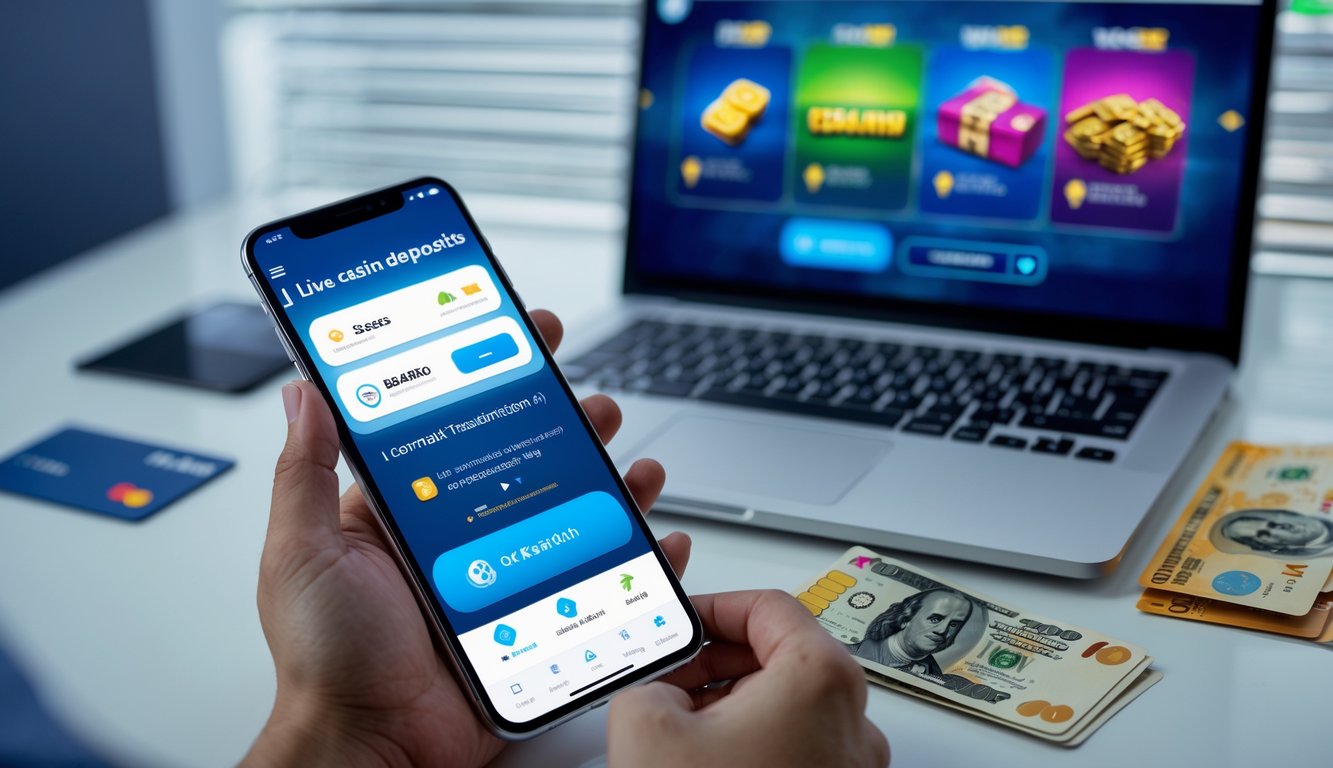 Seseorang menggunakan ponsel untuk melakukan transfer bank lokal di depan laptop yang menampilkan situs live casino.