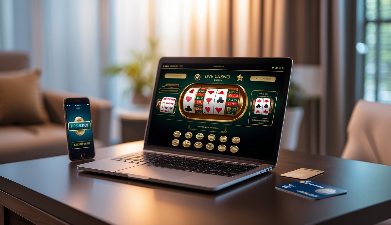 Seorang pengguna sedang bermain game kasino langsung online di laptop dengan ponsel dan kartu kredit di meja, di ruangan yang nyaman dan terang.