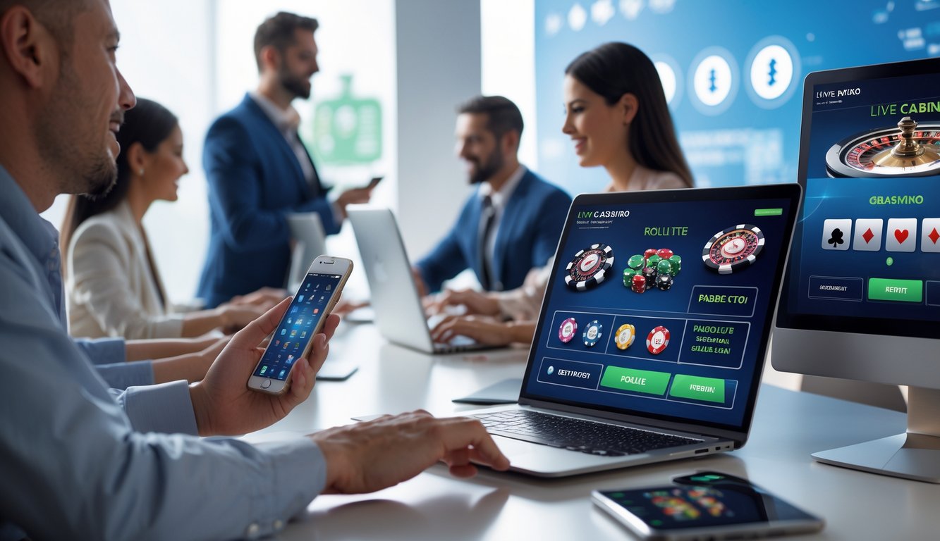 Orang-orang menggunakan laptop dan ponsel untuk bermain game kasino online dengan latar belakang ikon perbankan digital yang menunjukkan keamanan.