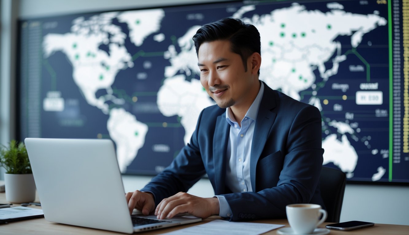 Seorang pria Asia sedang menggunakan laptop di kantor modern dengan layar digital menampilkan peta dunia di latar belakang.