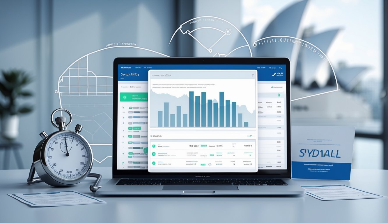 Sebuah meja kerja modern dengan komputer yang menampilkan halaman hasil togel online, dikelilingi oleh simbol kecepatan dan kepercayaan seperti stopwatch dan dokumen resmi, dengan latar belakang samar peta Sydney dan landmark terkenal.
