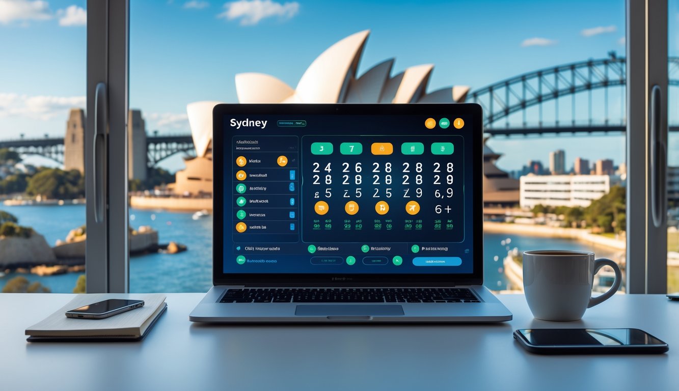 Seorang profesional menggunakan laptop dengan tampilan platform togel online, dengan latar belakang pemandangan kota Sydney yang jelas menampilkan Sydney Opera House dan jembatan Harbour Bridge.